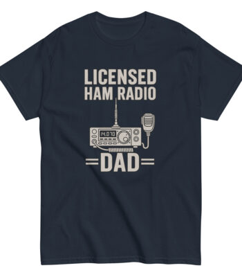 Navy t-shirt with 'Licensed Ham Radio Dad' design.