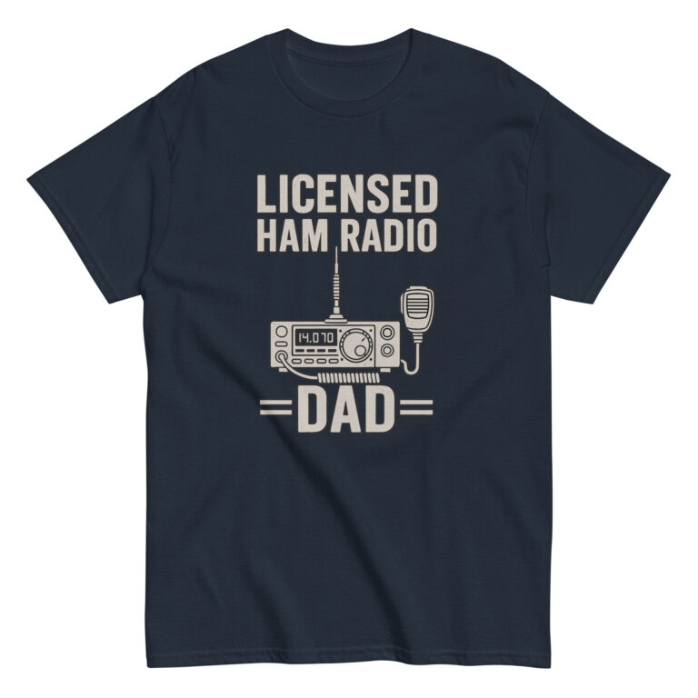 Navy t-shirt with 'Licensed Ham Radio Dad' design.