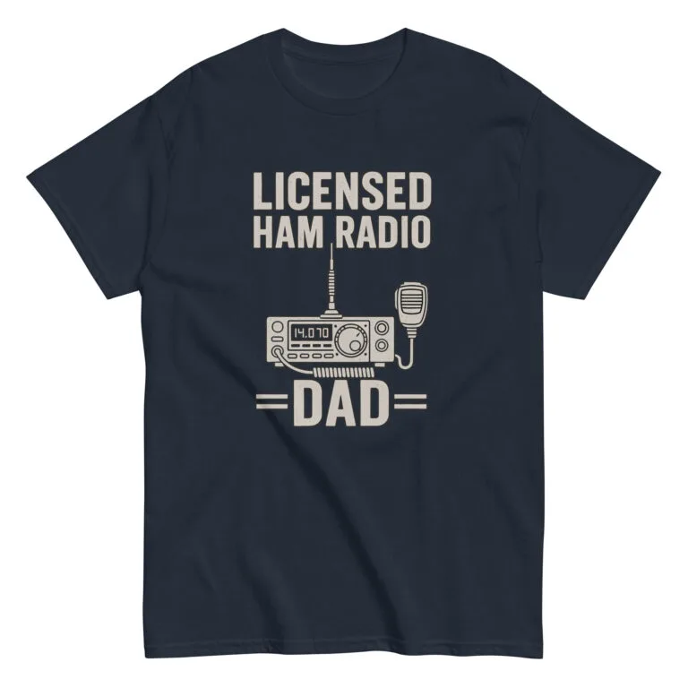 Navy t-shirt with 'Licensed Ham Radio Dad' design.