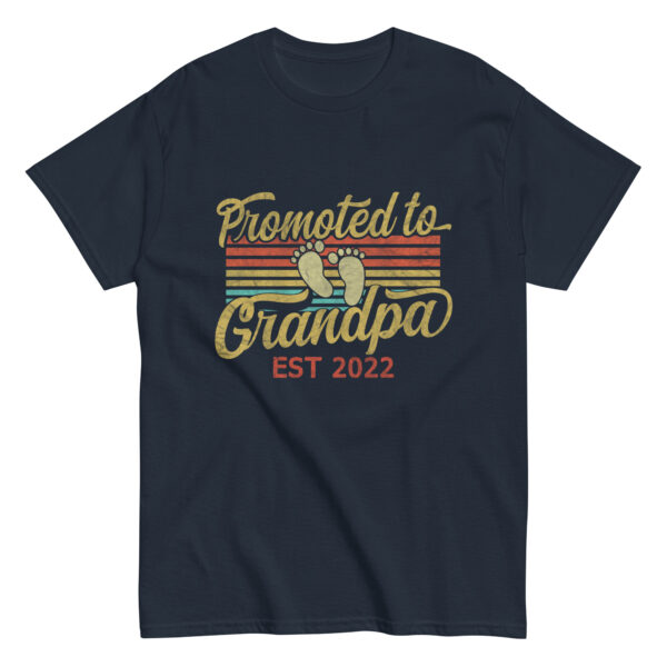 T-shirt says 'Promoted to Grandpa Est 2022'