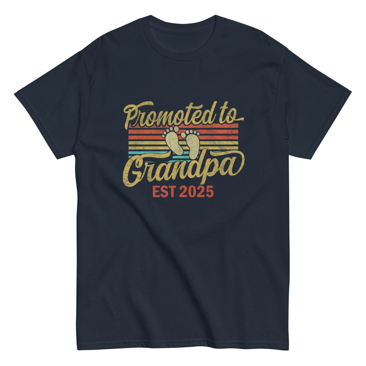 Navy T-shirt, Promoted to Grandpa Est 2025 design.