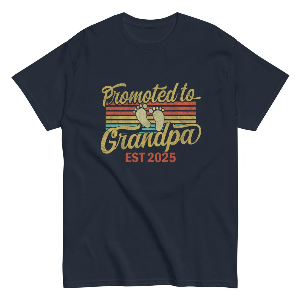 Navy T-shirt, Promoted to Grandpa Est 2025 design.