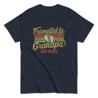 Navy T-shirt, Promoted to Grandpa Est 2025 design.