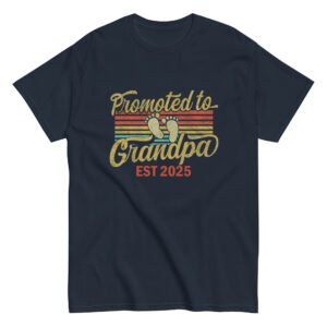 Navy T-shirt, Promoted to Grandpa Est 2025 design.