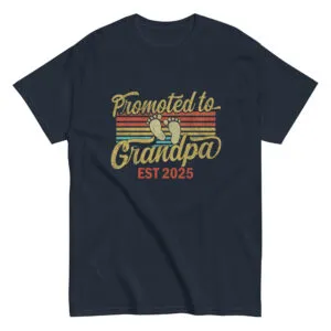 Navy T-shirt, Promoted to Grandpa Est 2025 design.