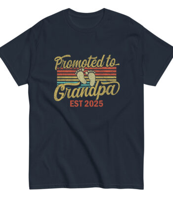 Navy T-shirt, Promoted to Grandpa Est 2025 design.