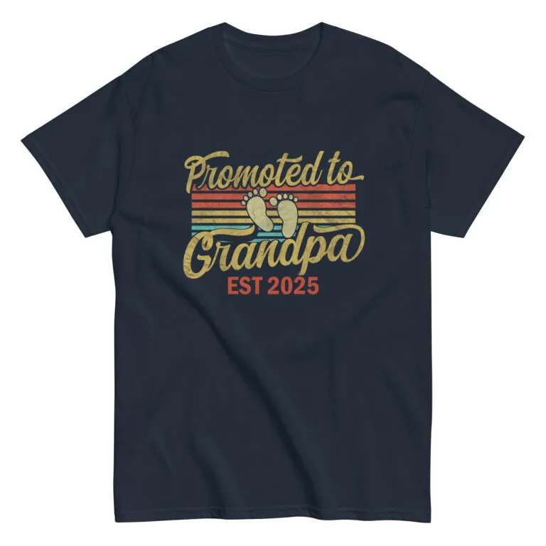 Navy T-shirt, Promoted to Grandpa Est 2025 design.