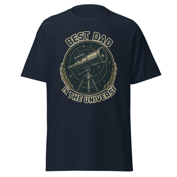 T-shirt with 'Best Dad in Universe' telescope design.
