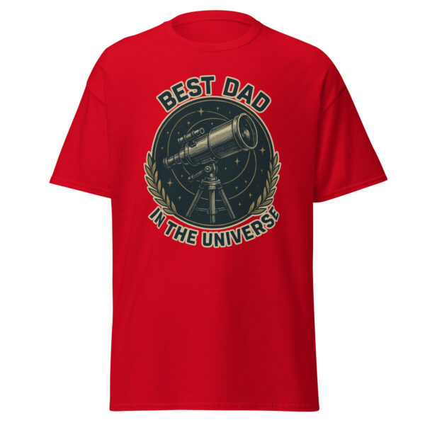 Red shirt with telescope graphic, 'Best Dad' message.