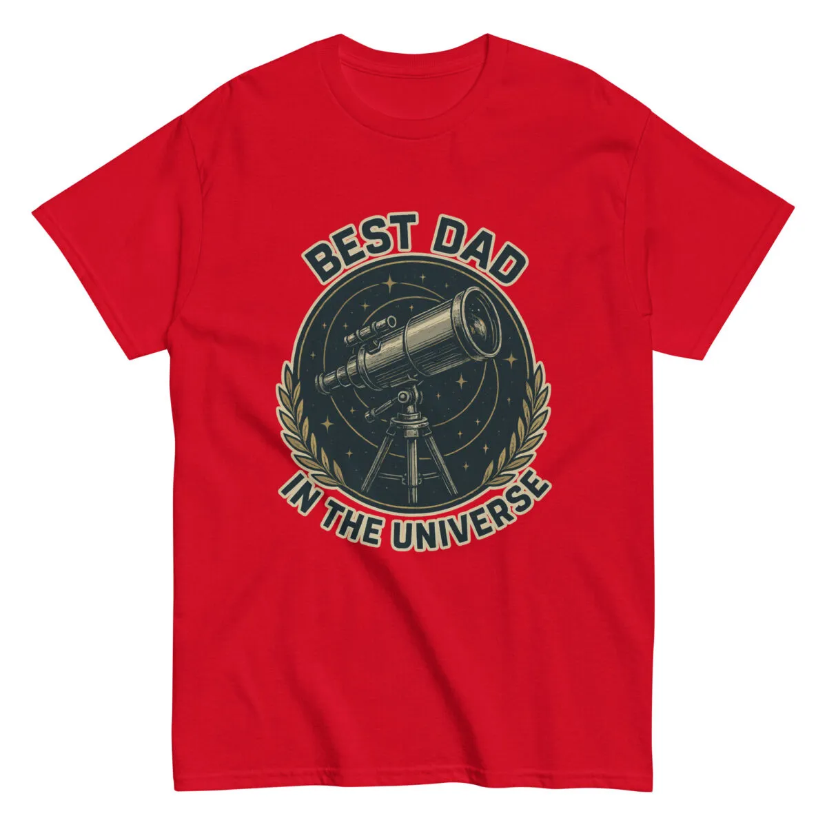 Red shirt with telescope design, 'Best Dad' slogan.