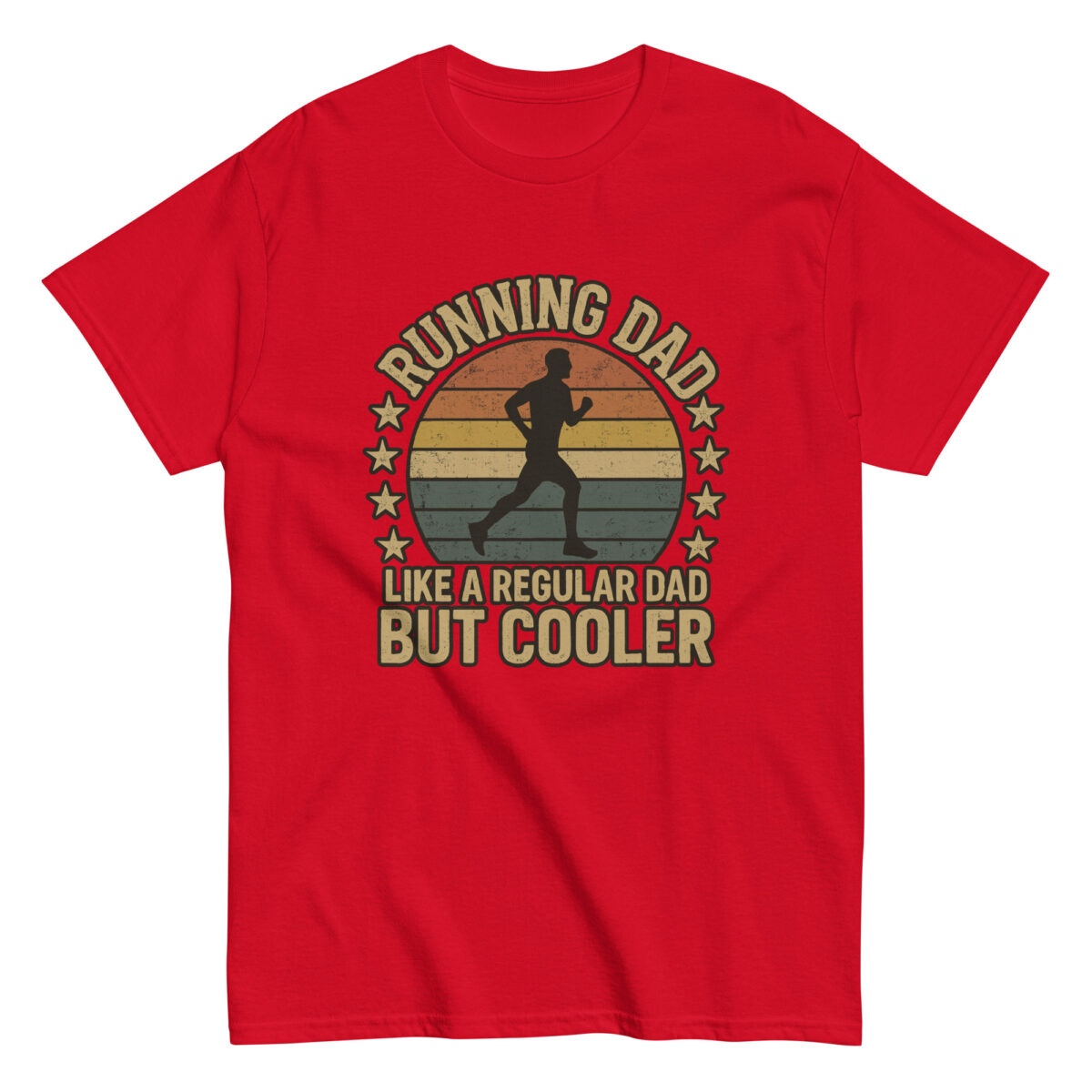 Red t-shirt with running dad graphic and text