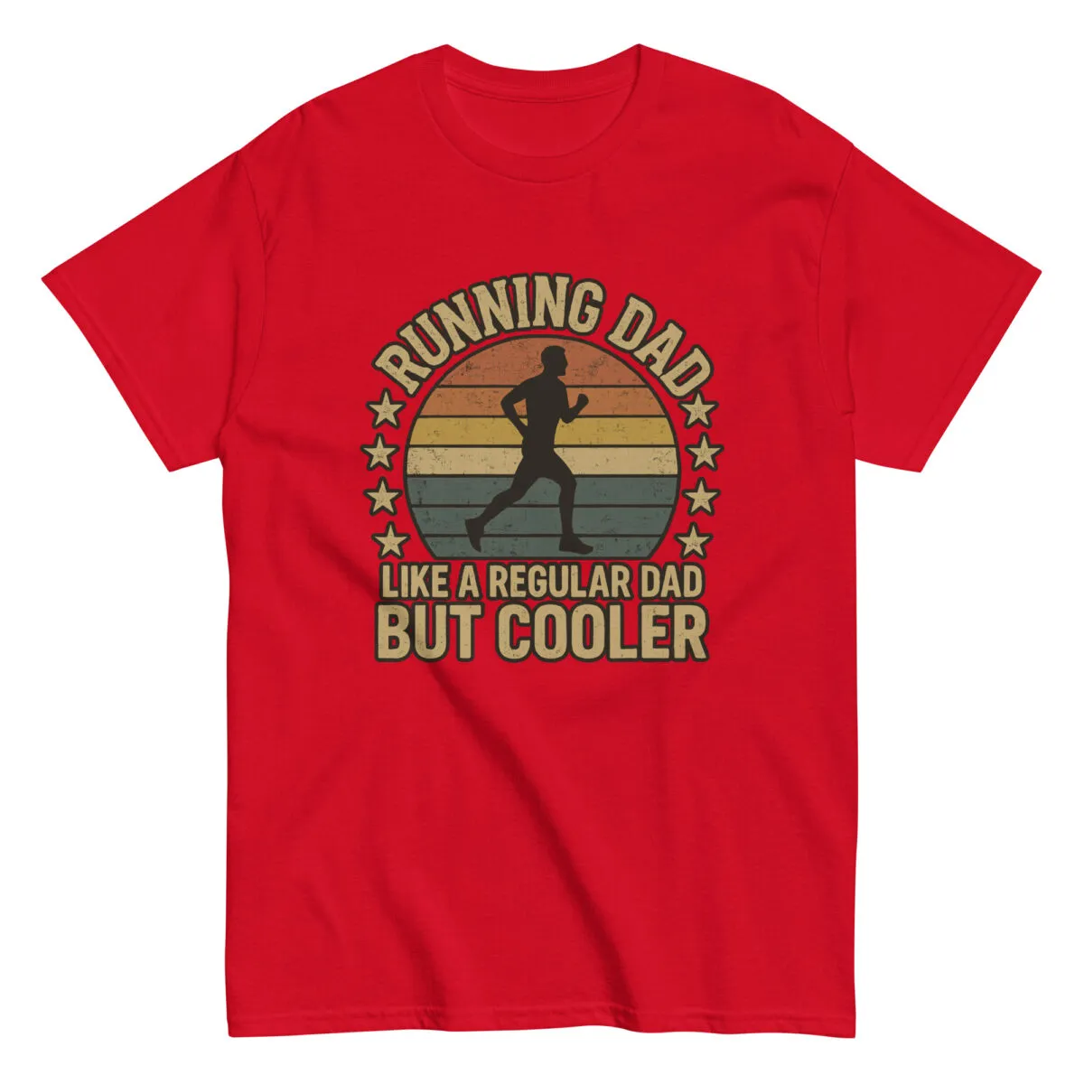 Red t-shirt with running dad graphic and text