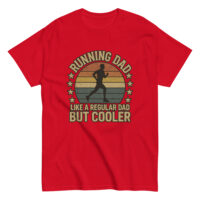 Red t-shirt with running dad graphic and text