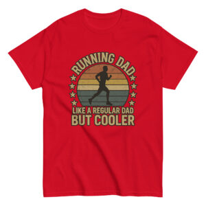 Red t-shirt with running dad graphic and text