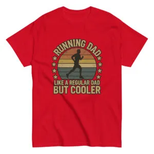Red t-shirt with running dad graphic and text