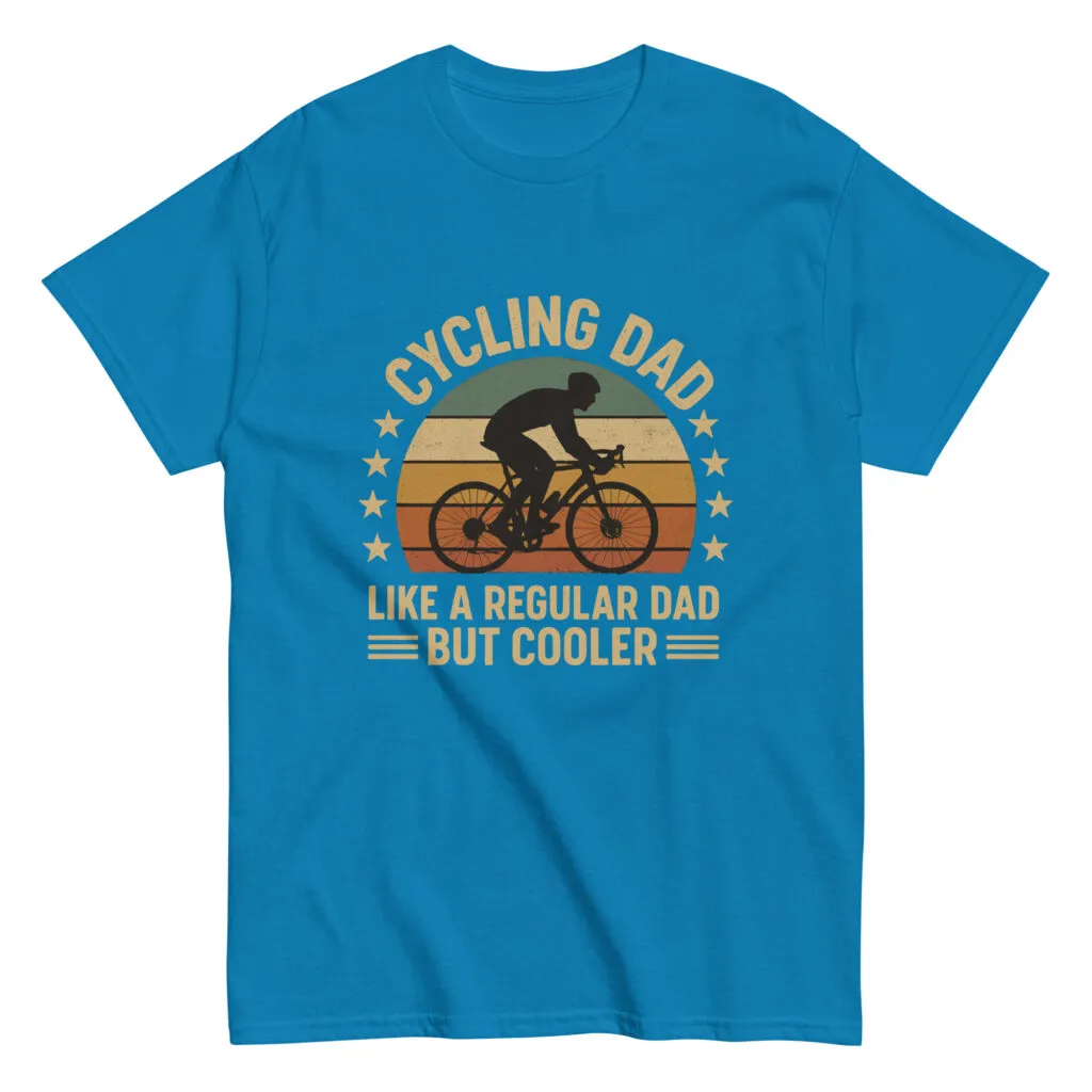 Blue cycling dad T-shirt, humorous design for dads.