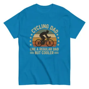 Blue cycling dad T-shirt, humorous design for dads.