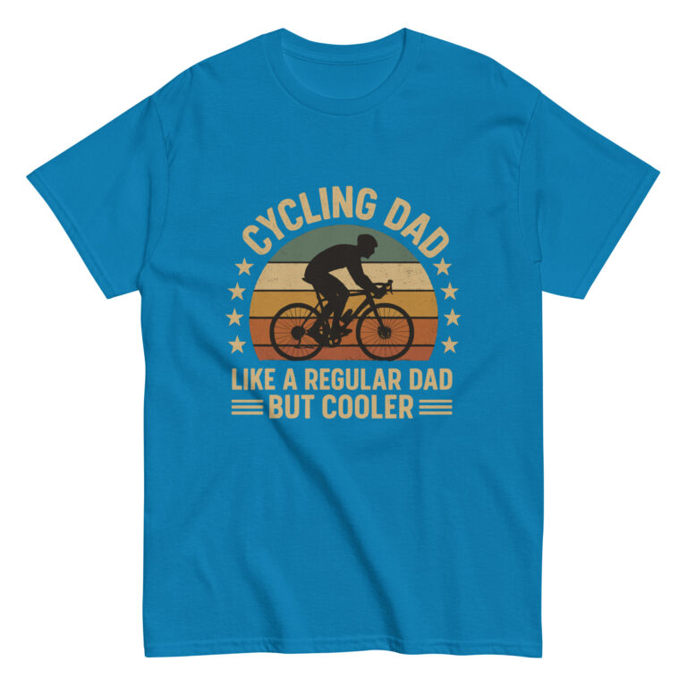 Blue cycling dad T-shirt, humorous design for dads.