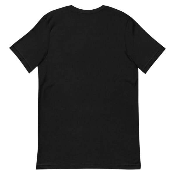 Black t-shirt with short sleeves, back view.