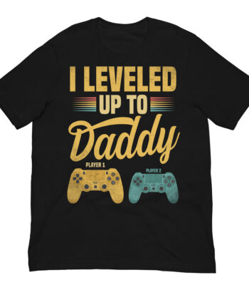 Black T-shirt with gaming theme, "Leveled Up To Daddy".