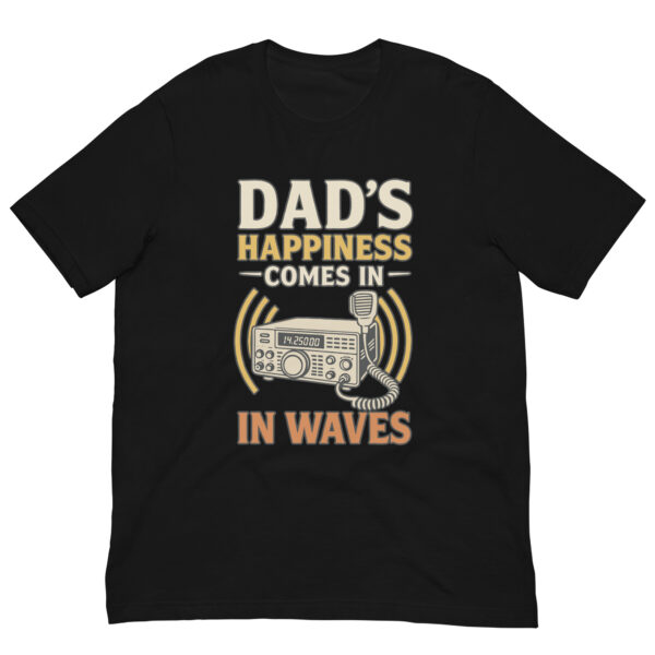 Black T-shirt with radio-themed dad joke text.