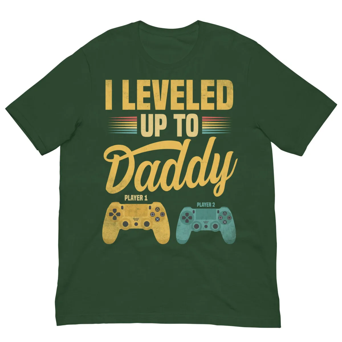 Green shirt with 'I Leveled Up to Daddy' text.