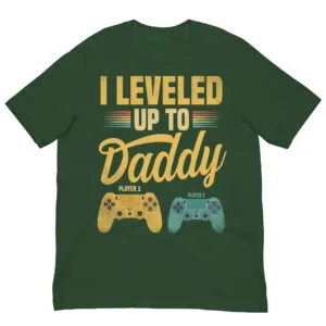 Green shirt with 'I Leveled Up to Daddy' text.