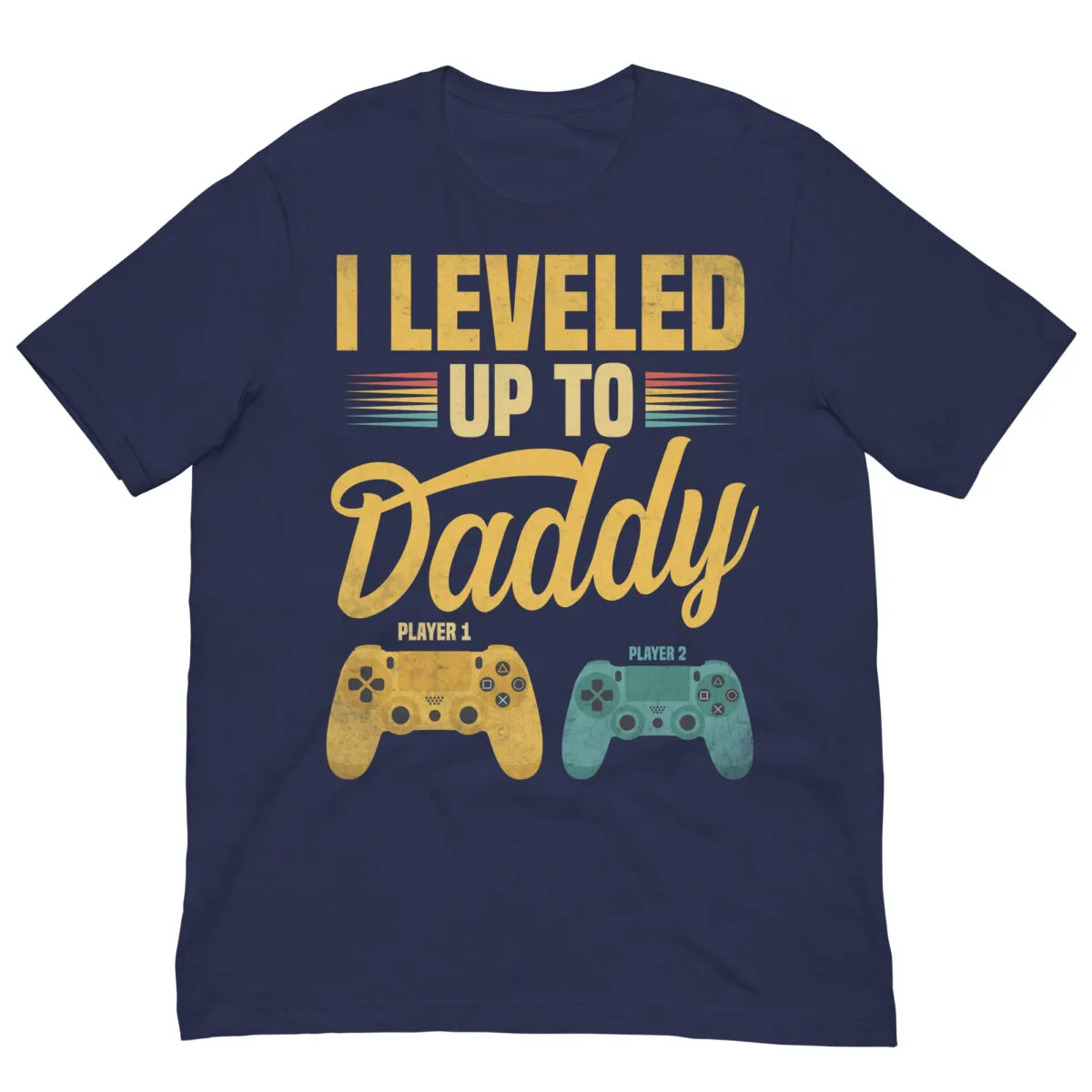 Navy T-shirt with gaming-themed daddy level-up design.