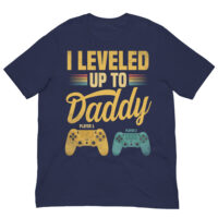 Navy T-shirt with gaming-themed daddy level-up design.