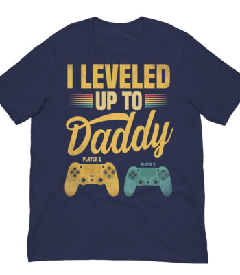 Navy T-shirt with gaming-themed daddy level-up design.