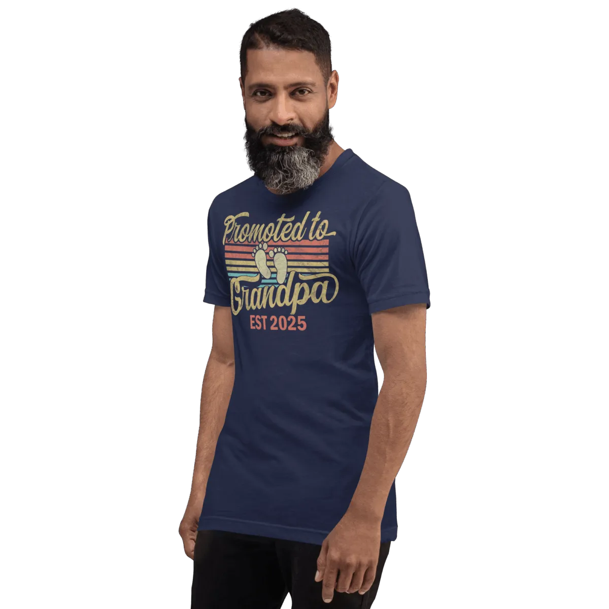 Man wears 'Promoted to Grandpa 2025' shirt