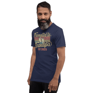 Man wears 'Promoted to Grandpa 2025' shirt