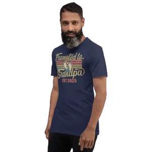 Man wears 'Promoted to Grandpa 2025' shirt