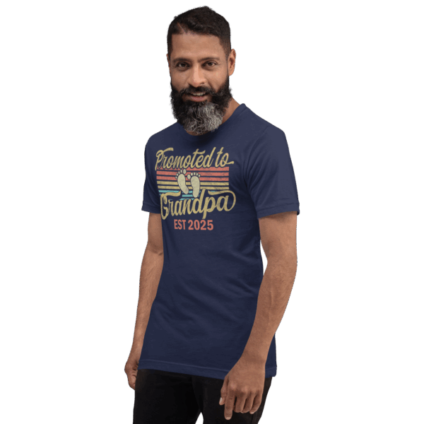 Man wears 'Promoted to Grandpa 2025' shirt