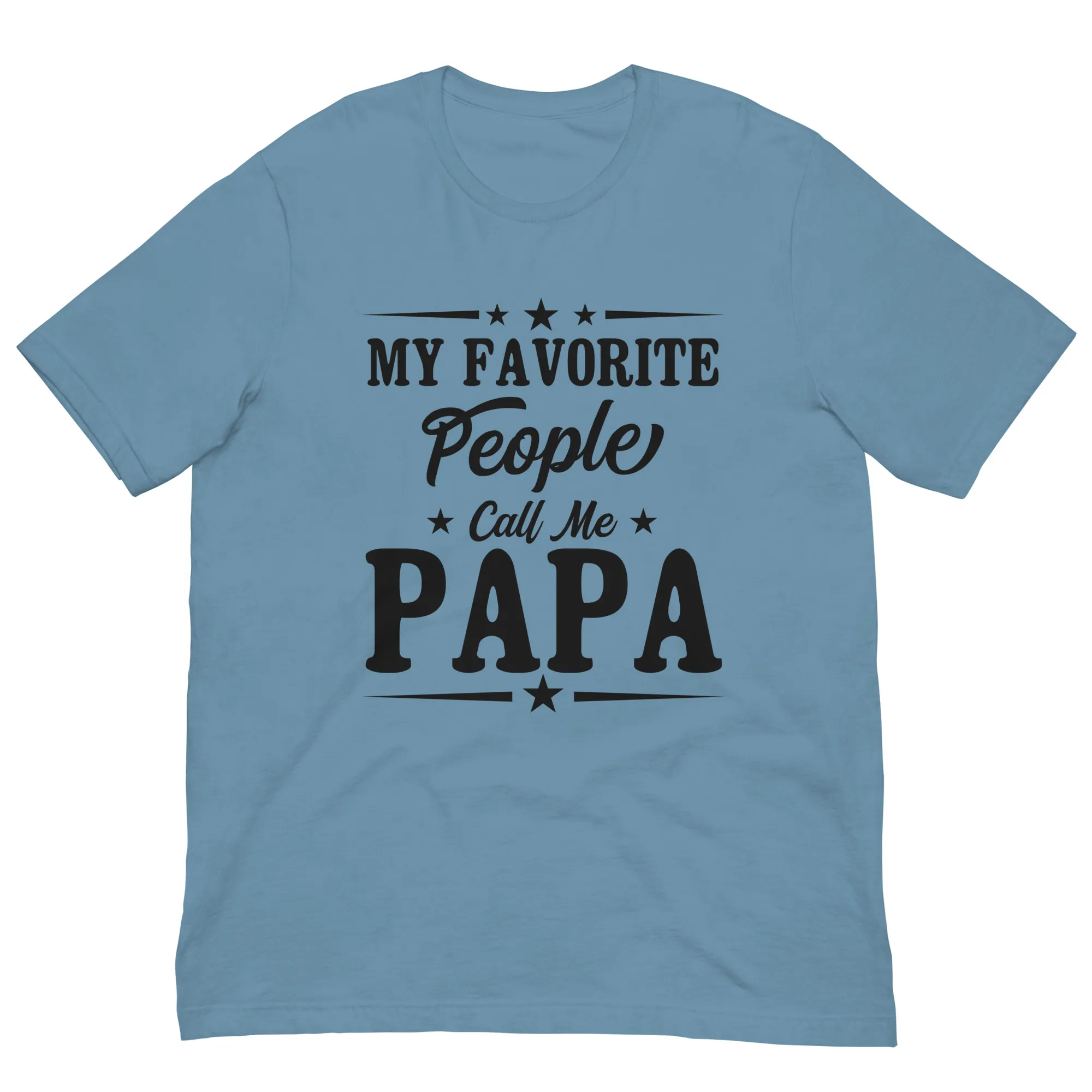 unisex-staple-t-shirt-steel-blue-front-6867a9ef42176.jpg Blue t-shirt with 'Call Me Papa' text.