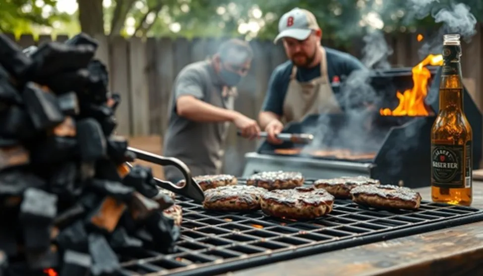 Grilling burgers and beer outdoors, charcoal barbecue.