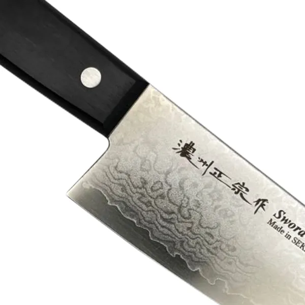 Japanese chef knife with black handle and inscriptions.
