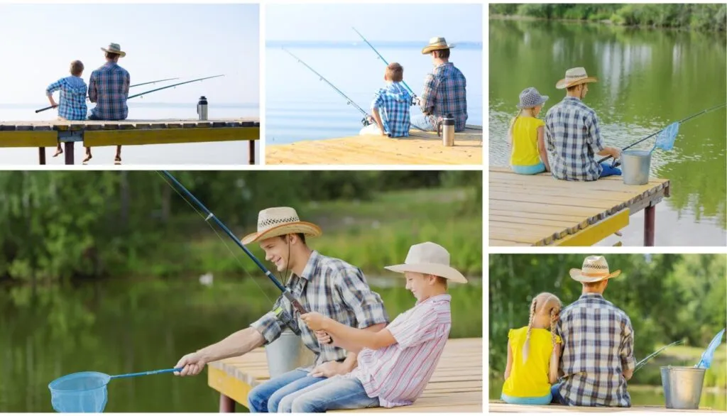 Family fishing on dock by lake, enjoying nature.