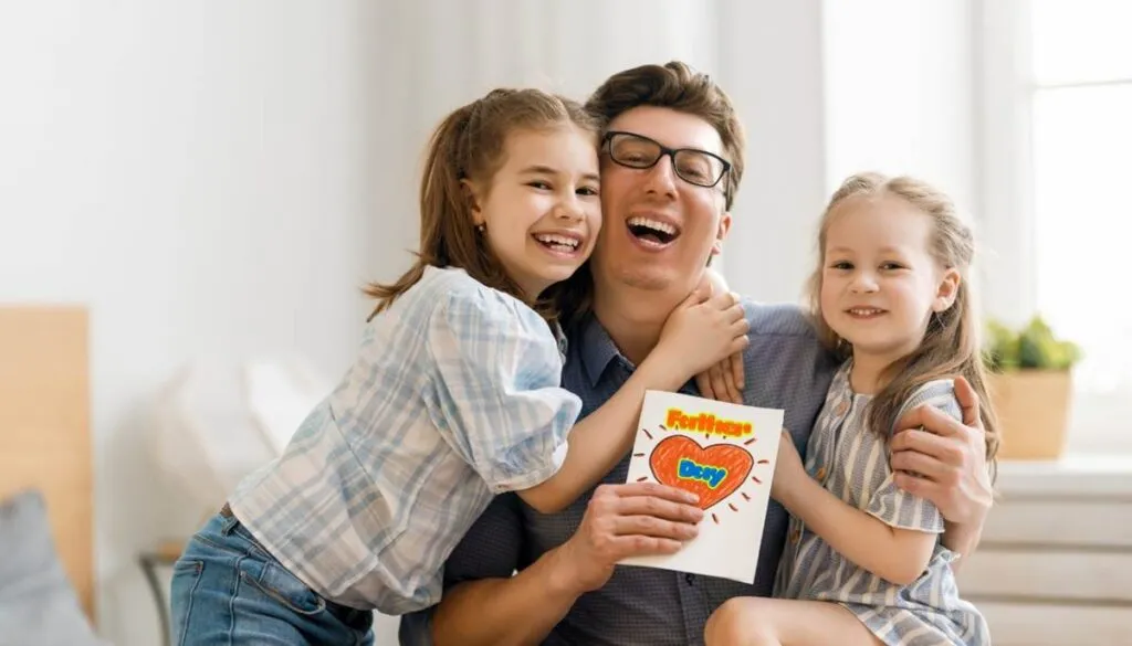 Father with daughters holding Father's Day card