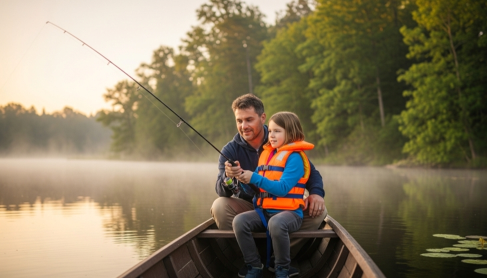 Father and child fishing on calm lake in boat.