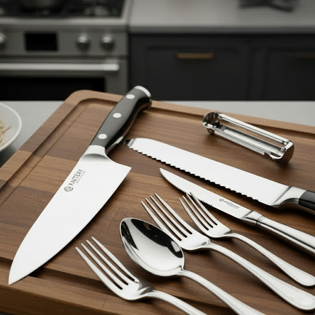 Kitchen utensils on wooden cutting board.