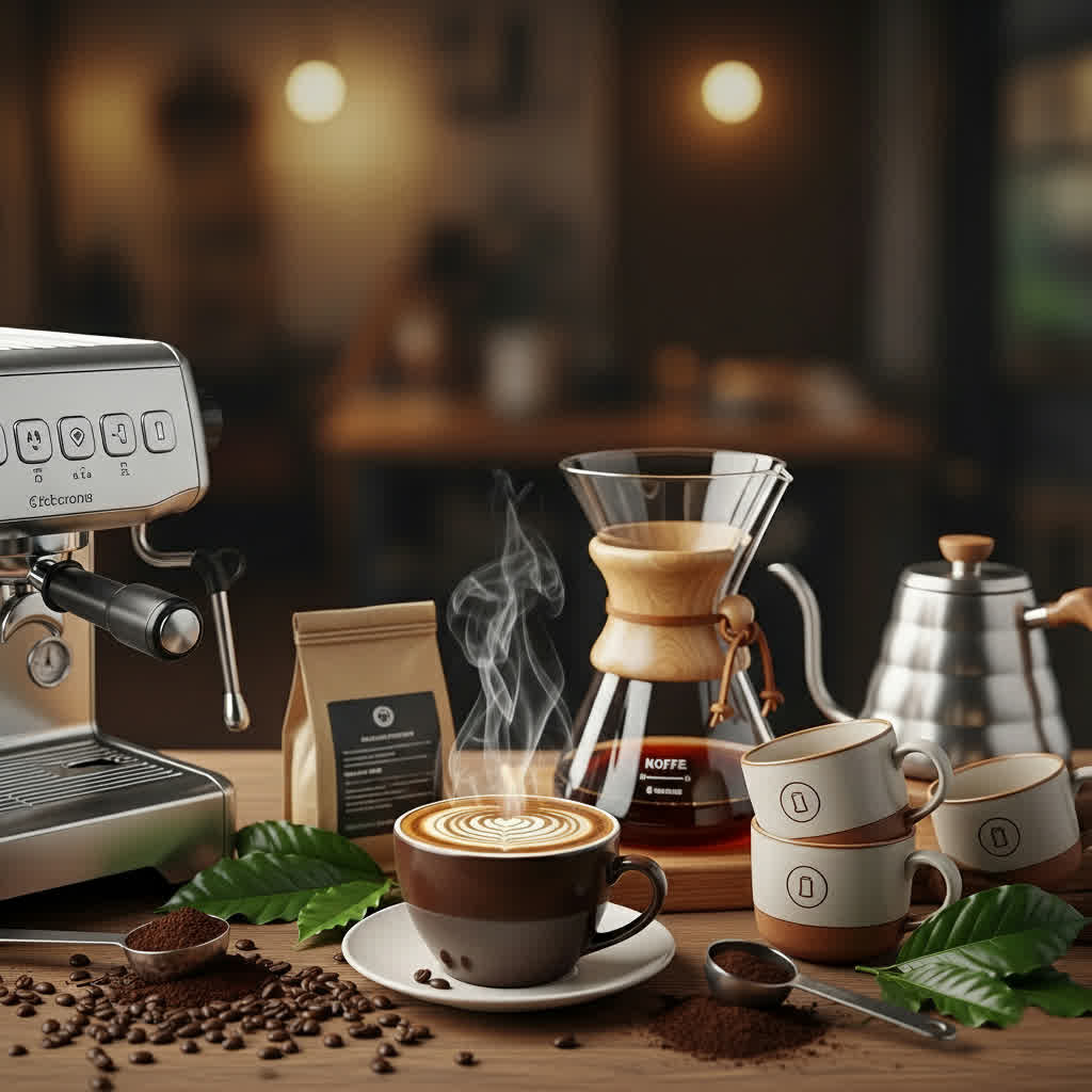 Espresso machine with coffee and accessories on table.