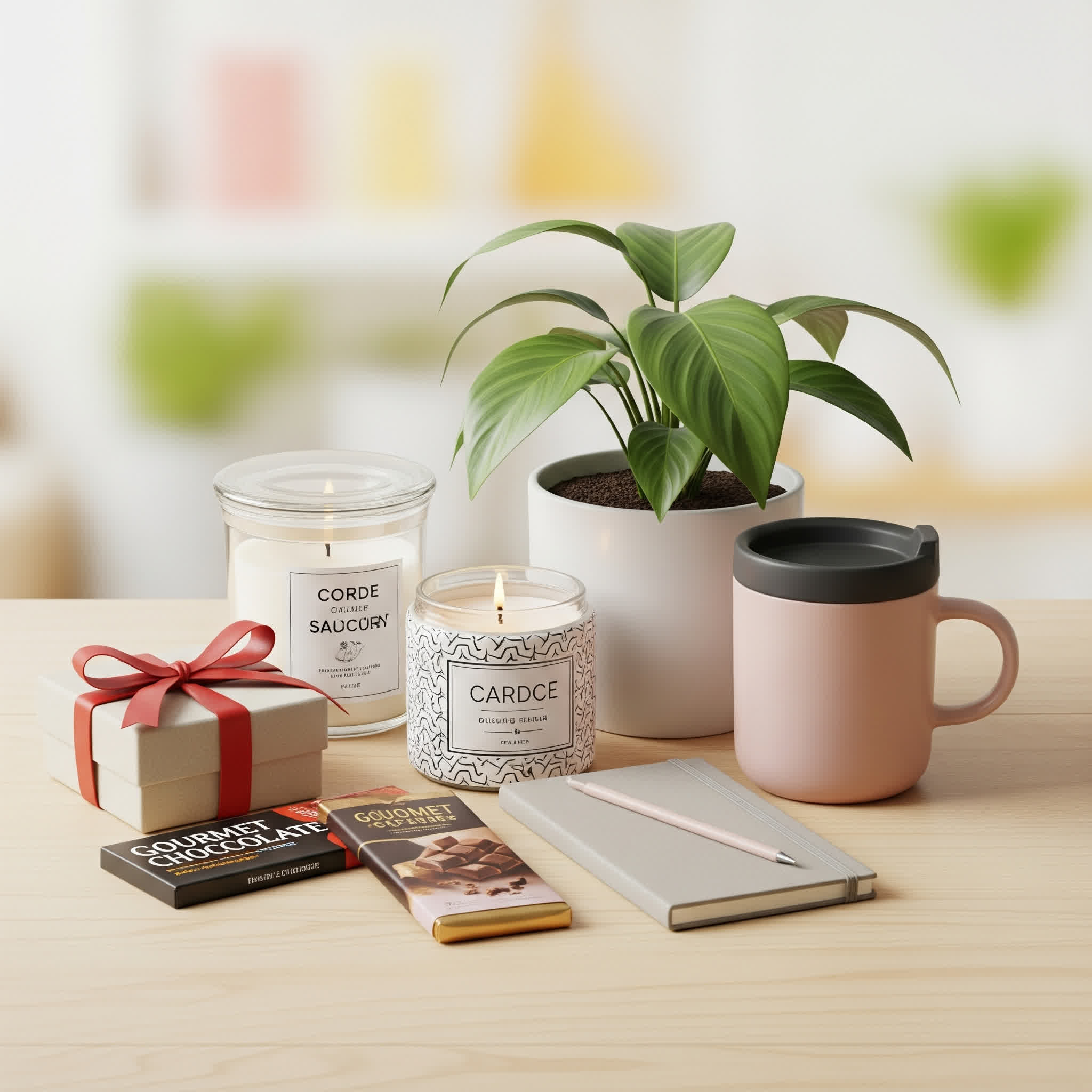 Candle, plant, mug, chocolates, gift, and notebook on table.