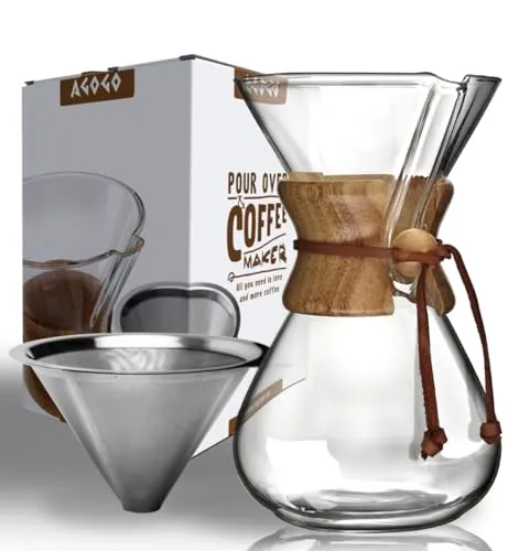 AGOGO Pour Over Coffee Maker Glass - 6/8/10 Cup Barista Kit with 304 Stainless Filter for Home, Office, Camping, Cafes - Easy Clean Coffee Dripper Set (Rag&Brush Included) (8 Cup/28 oz)