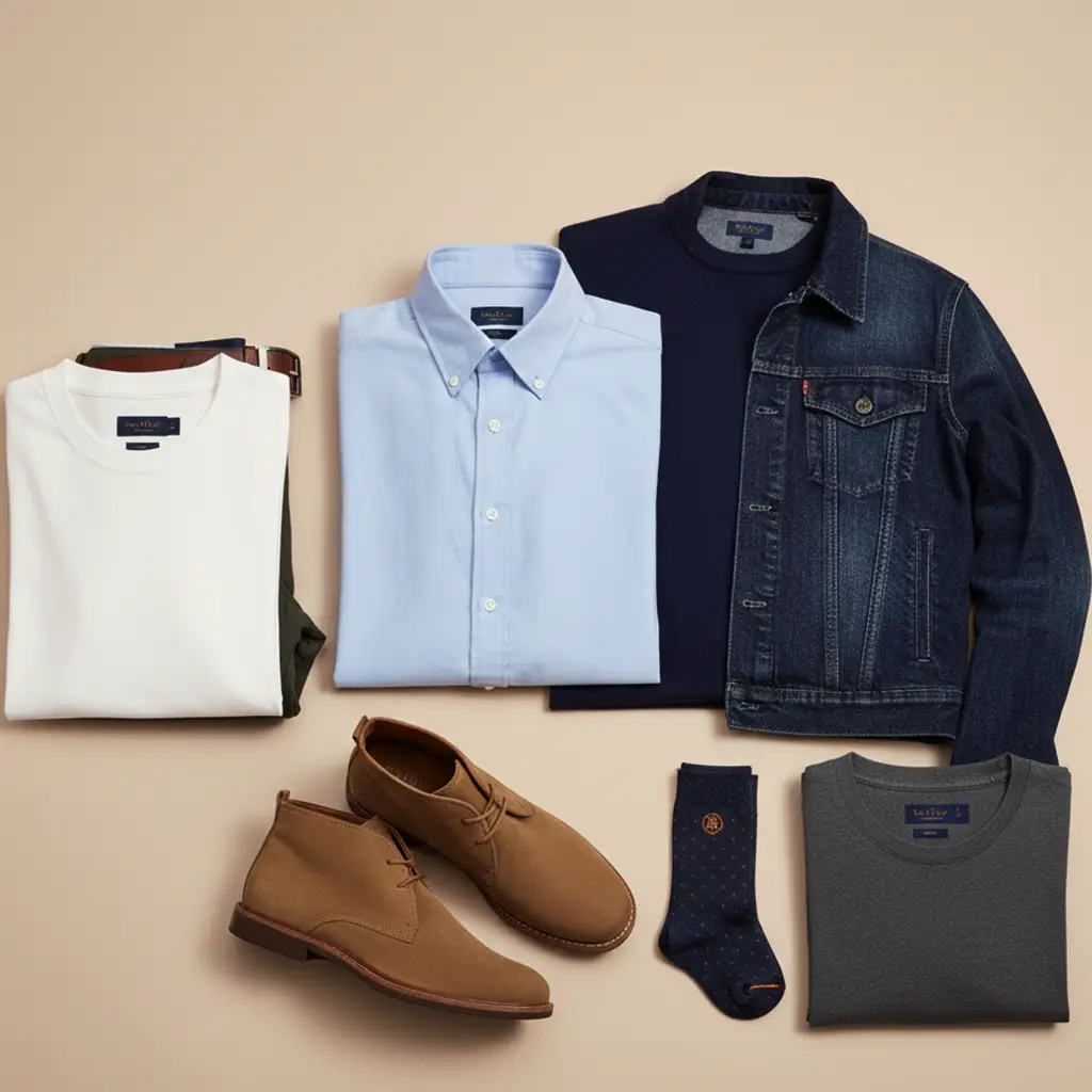 Men's casual clothing and footwear ensemble.