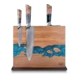 FINDKING Magnetic Knife Block, Double Sided Holder, Powerful Magnet Kitchen Storage, Acacia Wood and Blue Resin (12 x 10 Inches, Without Knives)