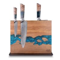 FINDKING Magnetic Knife Block, Double Sided Holder, Powerful Magnet Kitchen Storage, Acacia Wood and Blue Resin (12 x 10 Inches, Without Knives)