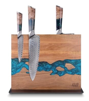 FINDKING Magnetic Knife Block, Double Sided Holder, Powerful Magnet Kitchen Storage, Acacia Wood and Blue Resin (12 x 10 Inches, Without Knives)