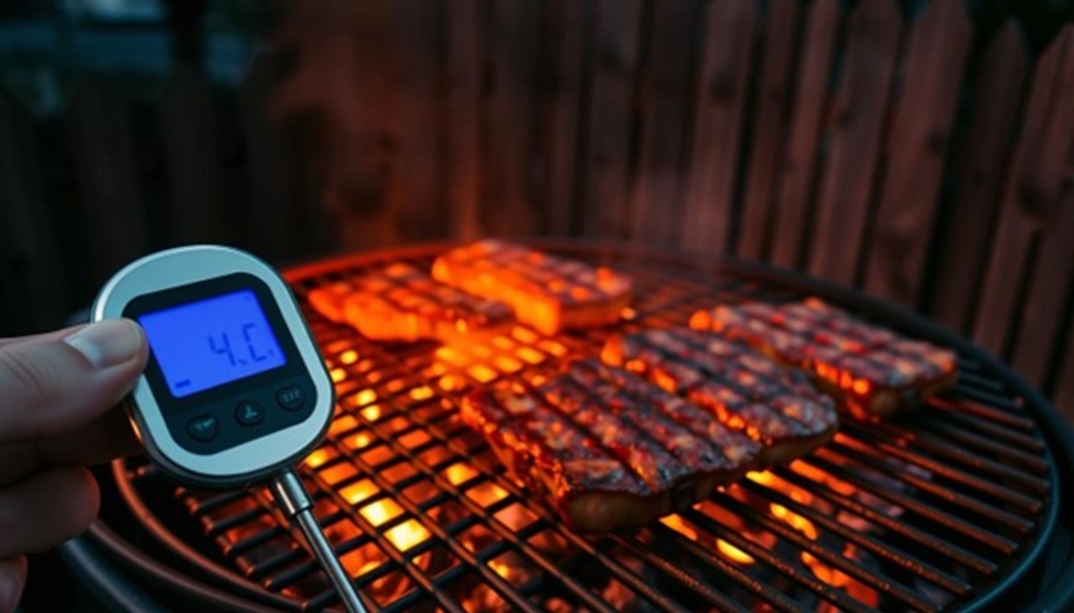 Grilling steaks with digital thermometer on barbecue