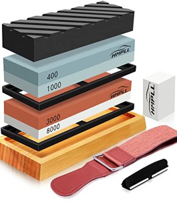HMPLL Knife Sharpening Stone Set, Professional Whetstone 4 Side Grit 400/1000 3000/8000, Whetstone Knife Sharpener Stone Set Include Non-slip Base, Leather Strop, Flattening Stone & Angle Guide